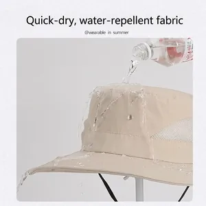 Waterproof wide brim beige sun hat with breathable mesh and adjustable chin strap