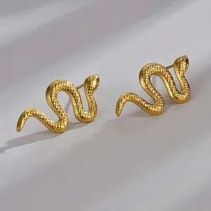 Vintage gold snake-shaped titanium steel earrings with textured scale surface finish