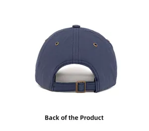 Rear view of navy cotton baseball cap featuring metal eyelets and adjustable buckle