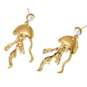 Exaggerated gold jellyfish earrings with white pearl accent in stainless steel