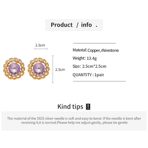 Detailed product specs of gold chain earrings with purple stone and S925 silver needles