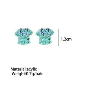 Detail view of teal glitter acrylic nurse uniform stud earrings with size and weight info