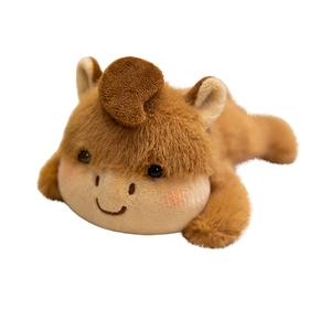 Cute plush brown horse toy with soft fur and friendly face in a lying position
