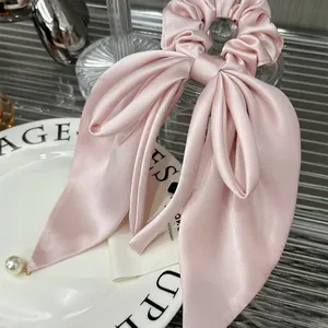 Elegant Satin Bow Scrunchie For Women Girls Handmade Satin Like Hair Tie With Faux Artificial Pearl Pendant Sweet Streamer Ribbon Hair Accessories