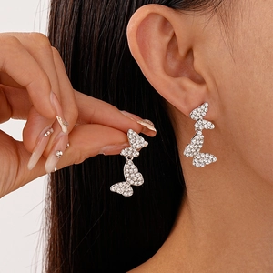 Butterfly Tassel Drop Earrings With Silver Earring Post Alloy Rhinestone Elegant Sweet Fashion Jewelry For Women