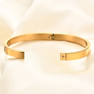 Detailed view of 18K gold-plated hinged bangle with diamond accents on silk background