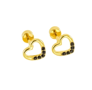 Detail of gold heart earrings with black stone inlay and secure flat back closure