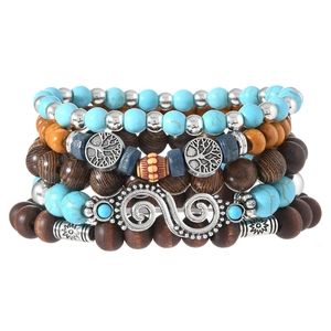 Ensemble de bracelets multicouches avec perles en turquoise, bois et charme arbre de vie