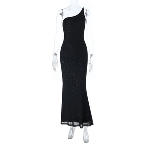 Elegant black one-shoulder sequin evening gown with a fisheye silhouette and sparkly finish