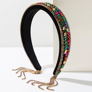 Luxury velvet headband with colorful rhinestones and crystal tassel fringe detail