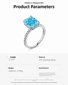 Detail view of 4.0ct rectangular blue zircon ring with S925 silver pave setting details