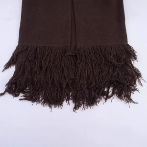 Fashionable dark brown knit cardigan featuring decorative tassels and smooth button details