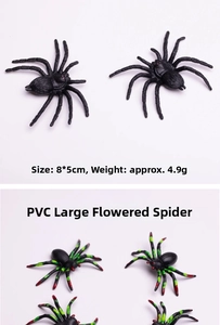 Detailed view of 8x5cm PVC spider models with realistic textures for Halloween pranks