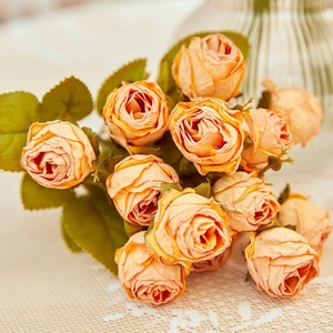 Realistic 15-head burnt edge champagne orange roses in a glass bottle with lace decor
