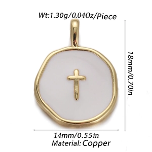 Detailed view of 18mm round copper pendant with white enamel and golden cross charm