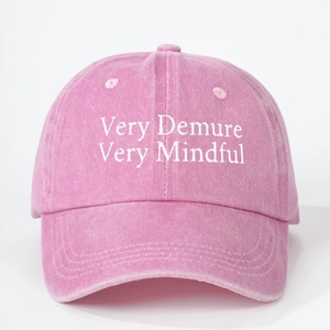 Pink washed cotton baseball cap featuring Very Demure Very Mindful embroidery