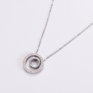 Elegant silver double ring pendant necklace with cubic zirconia paving for women