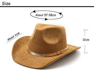 Detailed dimension guide for brown suede cowboy hat with size 57-58cm and 8cm brim