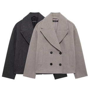 Women's double-breasted wool blend short peacoats in dark grey and oatmeal colors