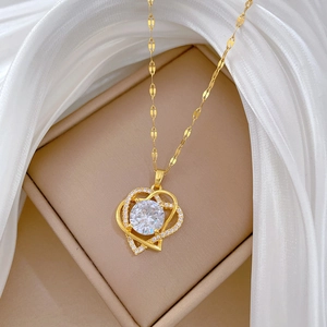 Double heart titanium steel necklace with sparkling crystal pendant on white silk