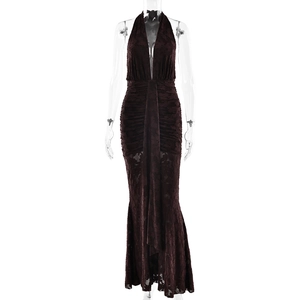 Front view of deep V-neck lace halter maxi dress with mermaid hem on mannequin