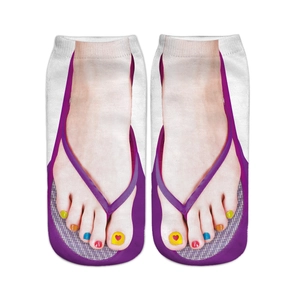 Detailed macro view of white socks with realistic 3D purple flip-flop and heart nail art print