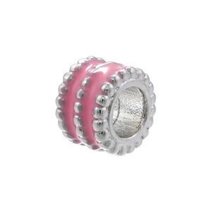 Detailed pink enamel bead with three rows of embossed dots on silver metal plating