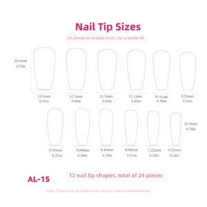 Size chart for press-on nails AL-15 showing 12 different widths and heights for a perfect fit