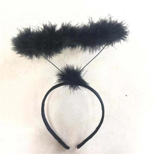 Detail of black feather angel halo headband with fluffy pompom for Halloween party costume