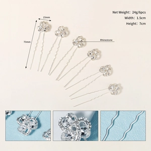 Detail view of 6pcs silver rhinestone bridal hair pins with dimensions and wavy metal stem