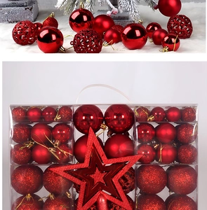 Set of red Christmas ornaments including matte balls and star topper in a clear box