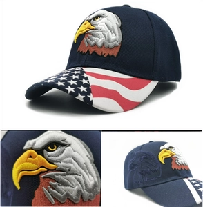 Detail view of American flag embroidery and eagle pattern on dark blue baseball cap