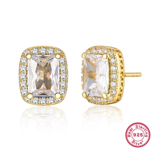 French vintage S925 sterling silver square zircon stud earrings with gold frame