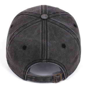 Detail of vintage washed charcoal baseball cap with adjustable antique bronze metal buckle