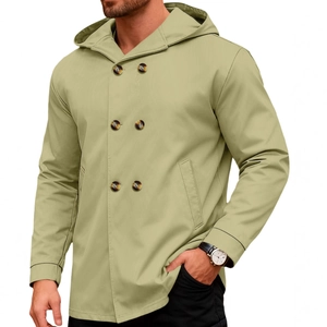 Men's slim-fit hooded trench coat in khaki green with double-breasted closure and side pockets