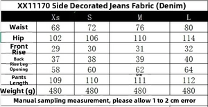Tabella delle taglie con misure per jeans in denim tra cui vita, fianchi e lunghezza totale
