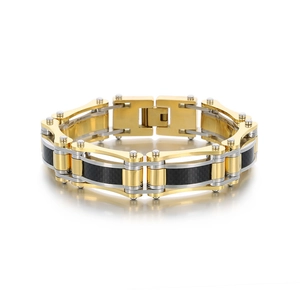 Hip hop two-tone stainless steel motorcycle bracelet with carbon fiber inserts for men