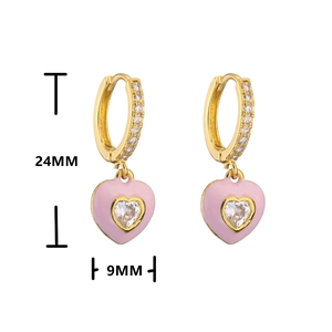 Gold-plated hoop earrings with pink enamel heart charm and micro-pave cubic zirconia stones
