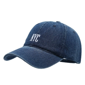 Classic dark blue denim baseball cap featuring white NYC embroidery in a vintage style