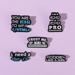Set of five enamel programmer lapel pins featuring HTML code and keyboard shortcuts