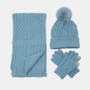 Morandi blaues Winterset mit Bommelmütze, Schal und Touchscreen-Handschuhen