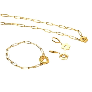 18k gold plated flower necklace earring set with paperclip chain on white background