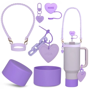 Purple silicone accessories set with heart straw cover and handle strap for tumblers