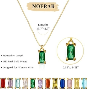Detail showing the 14K gold plated birthstone necklace with multiple gem color options