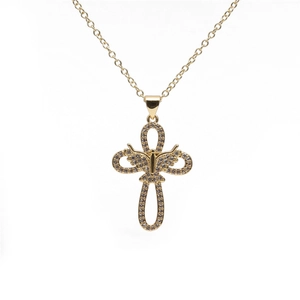 Gold-plated cross necklace with micro-p鑲 inlay crystals and center angel wing motif