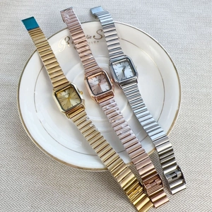 Women's minimalist square quartz watches with vintage metal stretch bands in three colors