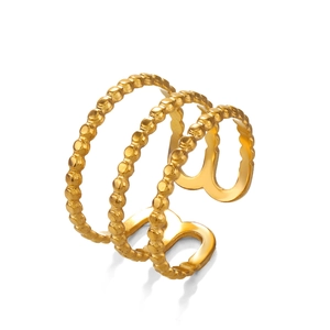 Minimalist 3-layer beaded gold open ring made of stainless steel with adjustable band