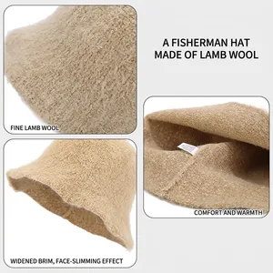 Winter khaki lamb wool bucket hat with wide brim for warmth and face slimming
