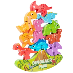 Wooden dinosaur stacking blocks with numbers on a volcano balance base for kids