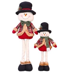 Standing telescopic Christmas snowman doll set with red plaid outfit and black top hats